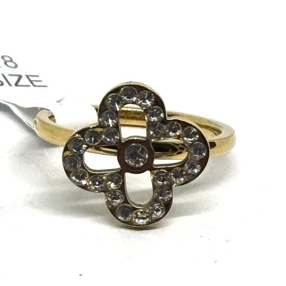 Gold Tone Crystal Rhinestone Clover Stainless Steel Fashion Ring SZ 7 - Picture 5 of 9